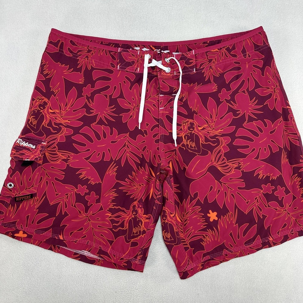 Maui Rippers Board Shorts Mens 32 Red Hawaiian Mermaid Floral Swim Tropical